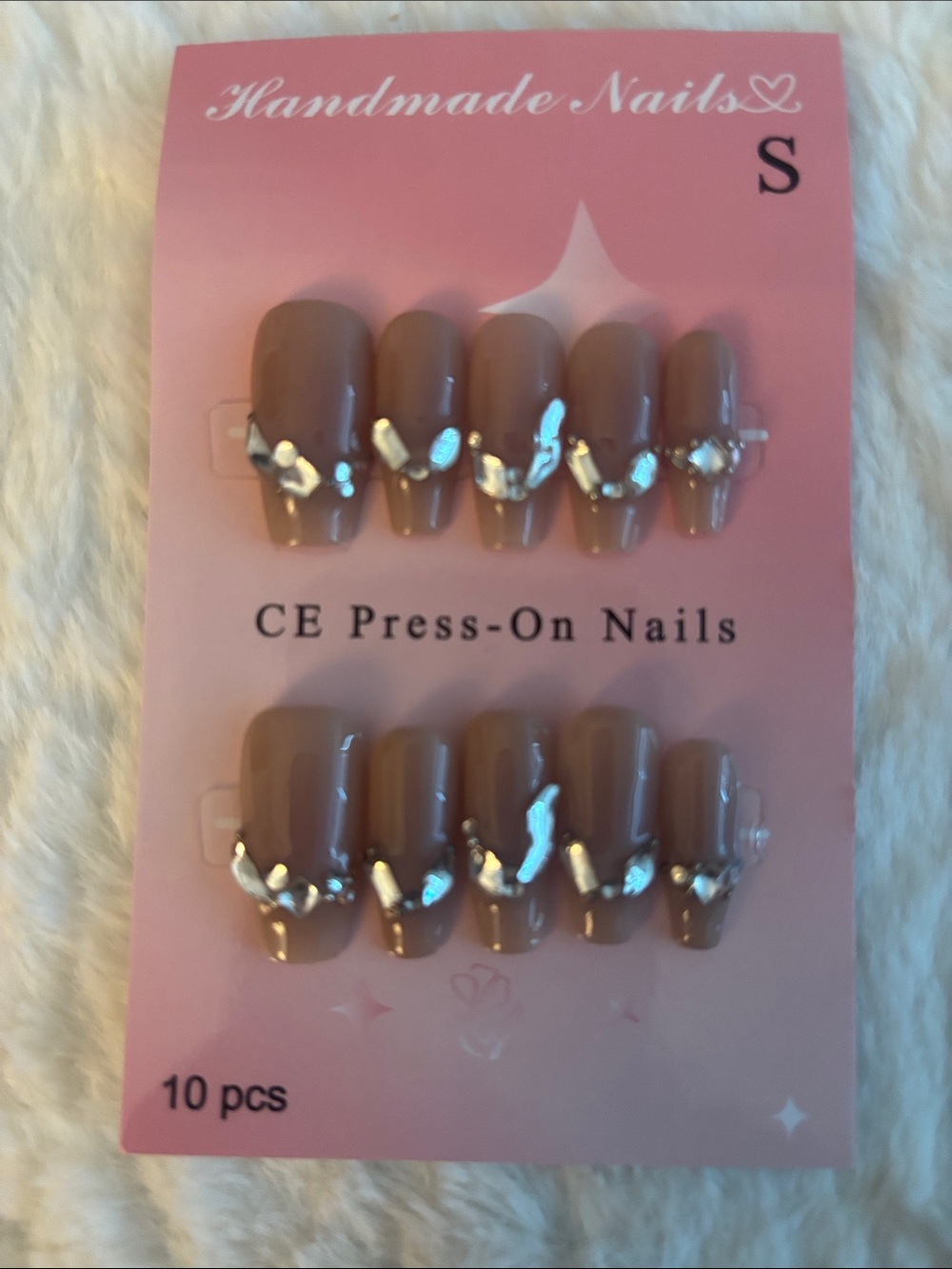 Handmade Press-On Nails - Nude Brown with Silver Accents